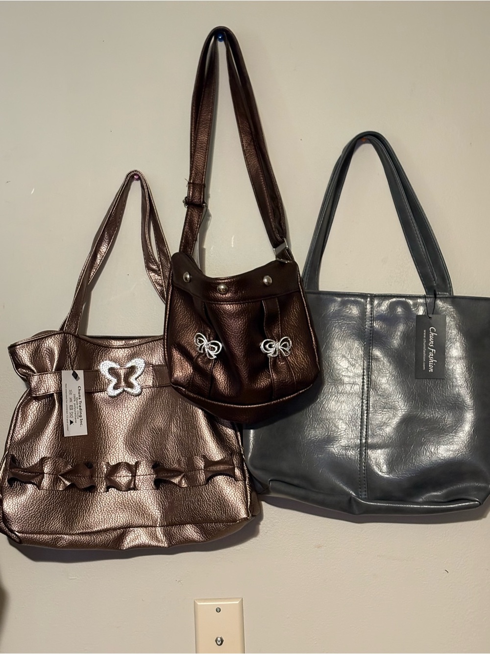 Metallic Bronze Shoulder Tote with Butterfly Accent